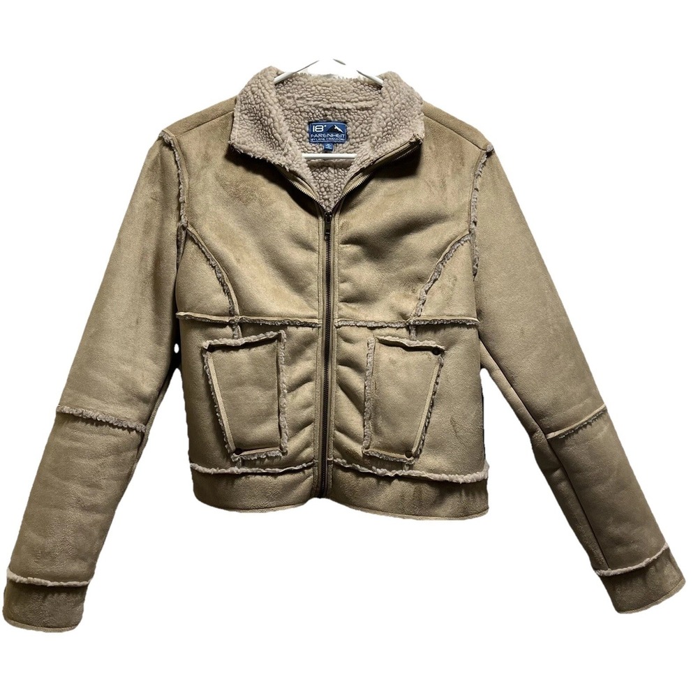 Y2K 18 Fahrenheit Faux Shearling Jacket Sherpa Lined Brown Moto Coat Womens Sz M
